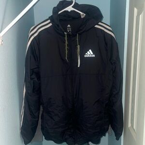 Adidas Men's Black Windbreaker with White Stripes